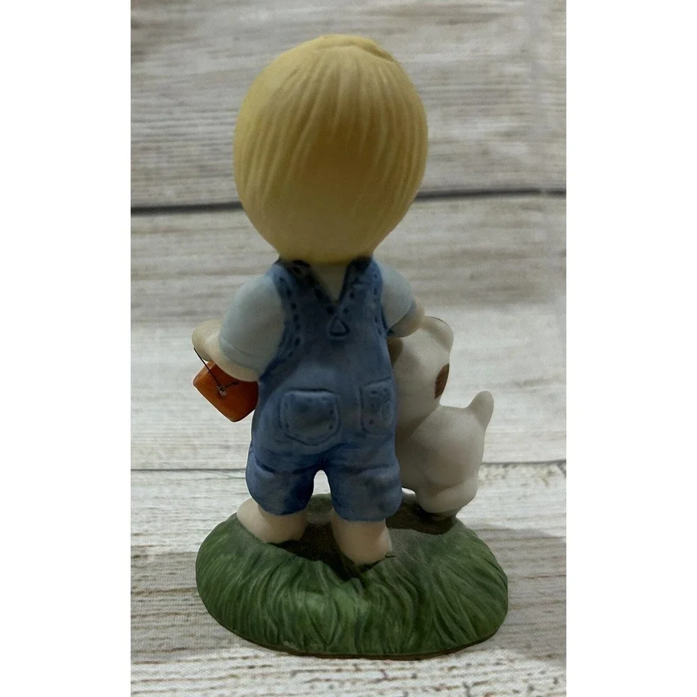 Vintage Enesco Country Cousins Scooter Dog Bucket of Worms Missing Fishing Pole